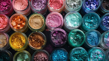 Poster - A close-up view of an assortment of vibrant makeup pigments and powders arranged in small glass jars, showcasing rich textures and artistic composition. Generative AI