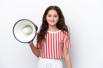 Wall Mural - Little girl isolated on white background holding a megaphone and smiling a lot