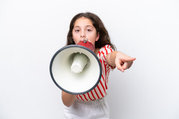 Canvas Print - Little girl isolated on white background shouting through a megaphone to announce something while pointing to the front