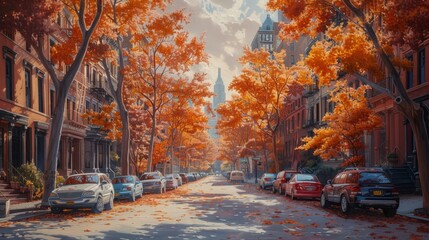 A scenic urban street lined with vibrant autumn-colored trees, parked cars, and brownstone buildings on a sunny day.