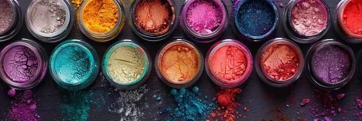 Poster - A close-up shot of various colorful makeup pigments and powders arranged in small jars. Generative AI