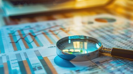 Magnifying glass sits on a pile of paper with graphs and numbers. Concept of financial analysis, business and investment