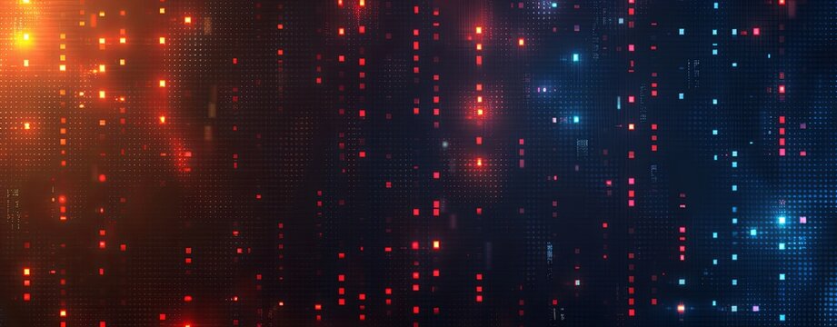 Abstract digital background with binary code and glowing light effect on dark blue, orange and red colors.
