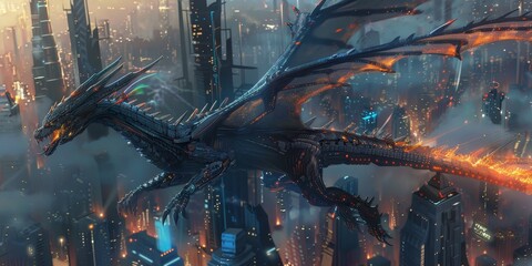 Wall Mural - A cybernetic dragon soaring through a futuristic city skyline generated by AI