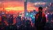 © kokoson6 - Silhouette of a person looking at stock market graph in front of a cityscape during sunset, representing financial analysis and investment.