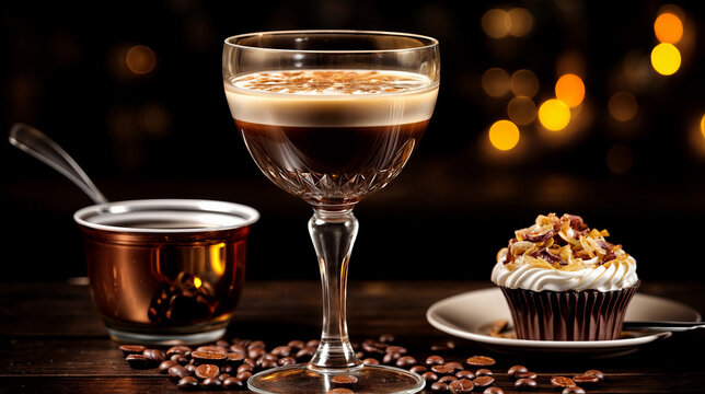 two glasses of coffee liqueur and a cake created with Generative AI technology