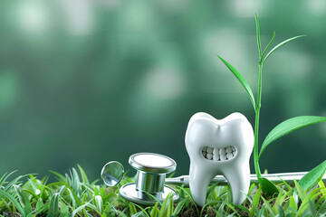 Banner with healthy tooth. Protecting dental health and medical care concept