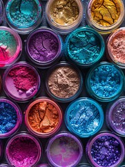 Poster - Assortment of colorful makeup pigments and powders in small jars, arranged artistically. Generative AI