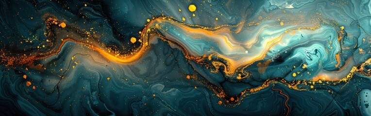 Wall Mural - Turquoise and Gold Marble Swirls - Abstract Luxury Texture Background with Painted Splashes and Fluid Ink Illustration for Banners