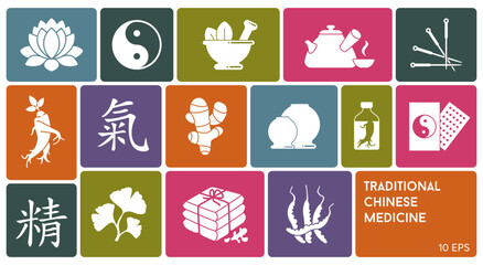 A set of icons of traditional Chinese medicine. It includes acupuncture, vacuum cupping, ginseng, ginger, and other