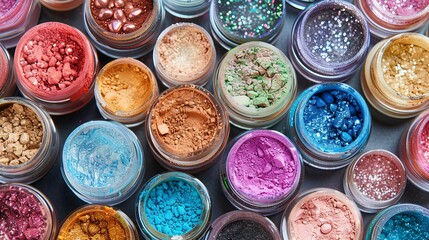 Poster - Close-up view of an artistic arrangement of small jars filled with colorful makeup pigments and powders. Generative AI