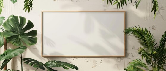 Wall Mural - A blank white wooden picture frame hangs on a textured interior wall for an architectural touch with the greenery of rainforest plants. Near white wall, frame mockup