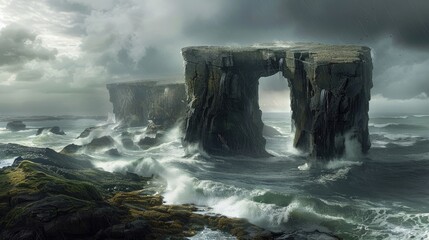 Poster - A rugged shoreline featuring a sizable rocky structure with a small opening with turbulent waters and a cloudy sky
