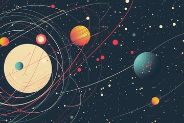 Wall Mural - Abstract illustration of colorful planets and orbits in outer space. Modern artistic depiction of the galaxy and cosmic elements.