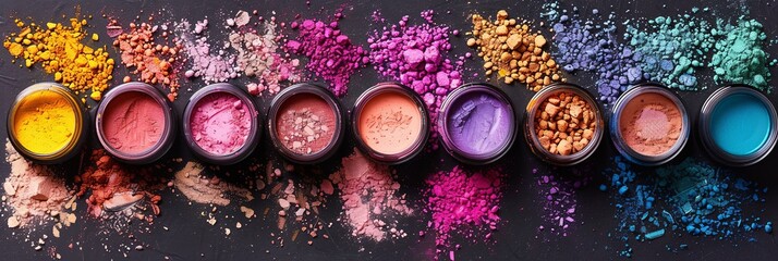 Poster - A close-up view of colorful makeup pigments and powders arranged in small jars. Generative AI