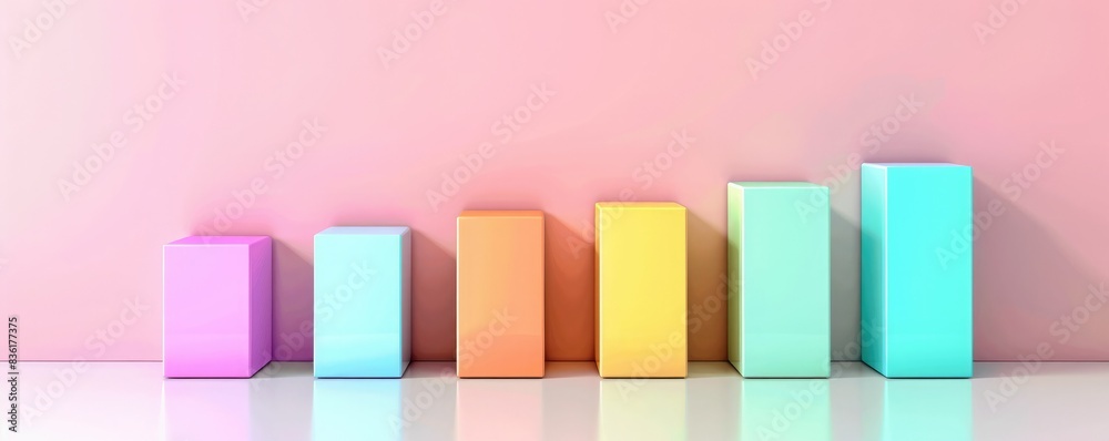 Colorful 3D bar graph illustration with pastel boxes on pink background ...