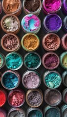 Poster - A close-up view of colorful makeup pigments and powders in small jars, arranged in a grid. Generative AI