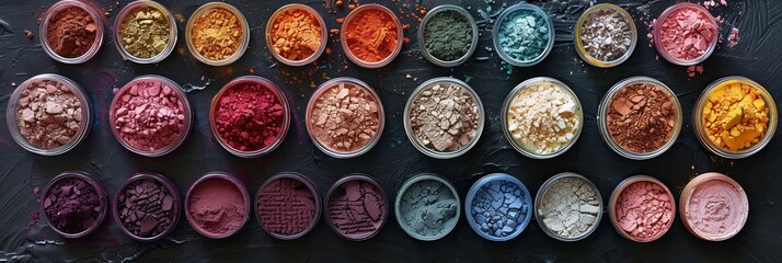 Poster - A collection of colorful makeup pigments and powders in small jars, arranged on a dark surface. Generative AI