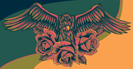 Sticker - vector illustraion of eagle with flower roses