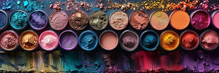 Poster - Assorted colorful makeup pigments and powders in small jars, arranged artistically. Generative AI