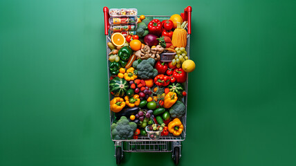 Vegetables on shopping cart placed on green background, isolated
