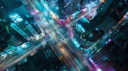 Wall Mural - Aerial view of a city intersection at night with bright lights and traffic.