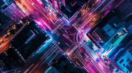 Wall Mural - Aerial view of a busy city intersection at night, illuminated by colorful lights.