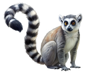 Ring-Tailed Lemur Side View Illustration, Isolated on White Background, Ideal for Wildlife and Conservation Design Projects	