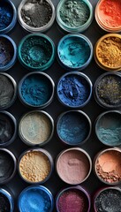 Poster - Close-up of assorted colorful makeup pigments and powders in small jars, arranged in a grid pattern. Generative AI
