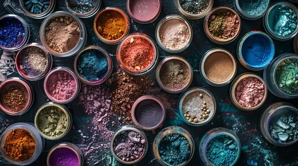 Poster - Close-up of colorful makeup pigments and powders in small jars arranged on a dark surface. Generative AI