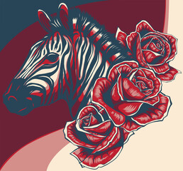 Sticker - vector illustration of zebra head with roses