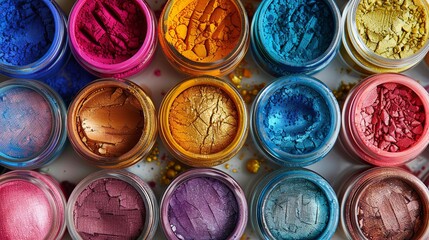 Poster - An assortment of colorful makeup pigments and powders in small jars arranged in a grid. Generative AI