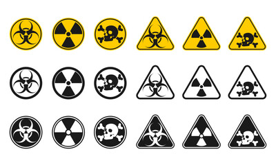 Danger signs vector set. Radiation sign, Biohazard sign, Toxic sign. vector illustration isolated on white background.