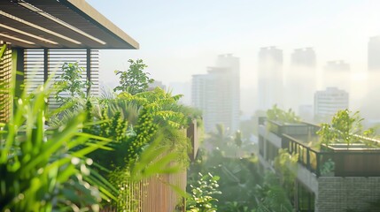 Green rooftop garden overlooking a cityscape with a hazy morning sky.