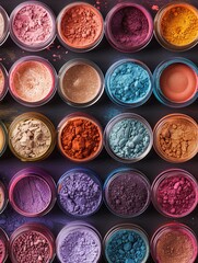 Poster - An assortment of vibrant makeup pigments and powders in small jars, arranged artistically on a dark surface. Generative AI
