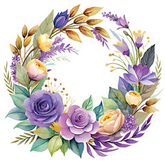 Poster - A colorful flower frame arrangement with a purple rose in the center. The flowers are arranged in a circular pattern, with some of them overlapping each other. Scene is cheerful and vibrant