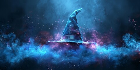 Wall Mural - a wizard hat floating in the air surrounded by smoke and stars in the background of blue and purple 