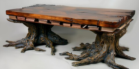 Poster - table made of wood with tree trunks on the bottom