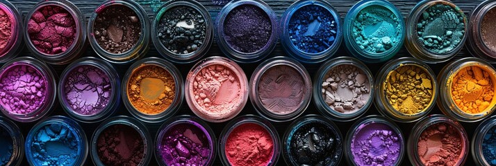 Poster - A close-up view of assorted makeup pigments and powders in small jars, arranged in a grid. Generative AI