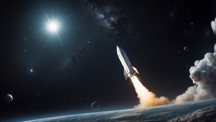 a rocket flying in space, spacecraft astronomical journey, universe exploration