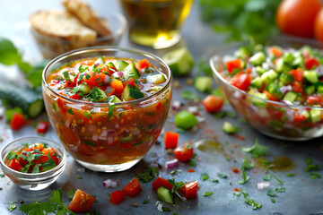 A refreshing gazpacho served in a clear glass bowl, vibrant with blended tomatoes, cucumbers, bell peppers, and onions, topped with finely chopped vegetables and a drizzle of olive oil. 