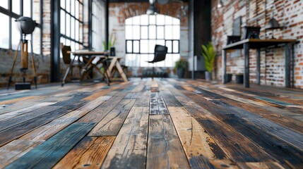 A reclaimed wood floor in a chic office space, copy space, professional ambiance, futuristic, manipulation, downtown loft backdrop