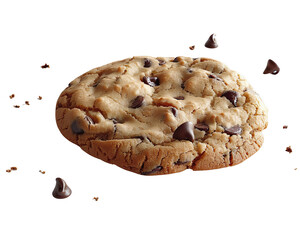 Close-up of a freshly baked chocolate chip cookie on a white background with scattered chocolate chips.