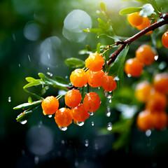 fresh tasty sea buckthorn berries on a branch after rain juice splashing around rain drops brigh green tree background generate ai