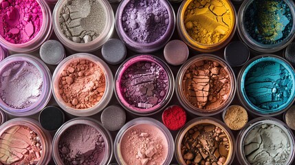 Poster - An assortment of colorful makeup pigments and powders in small jars, arranged in a pleasing pattern. Generative AI