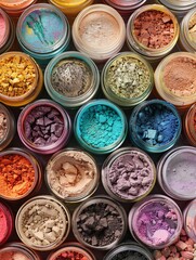 Poster - A close-up view of assorted colorful makeup pigments and powders arranged in small jars. Generative AI