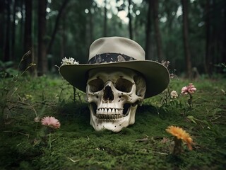 Scary dried human skull with a hat and flowers on a green surface on a grassy forest background. Generative AI