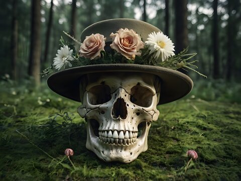 Scary dried human skull with a hat and flowers on a green surface on a grassy forest background. Generative AI