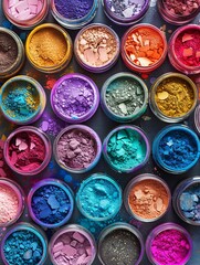 Poster - An assortment of colorful makeup pigments and powders in small jars, arranged in a grid pattern on a dark surface. Generative AI