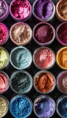 Poster - Close-up of colorful makeup pigment powders in small jars. Generative AI